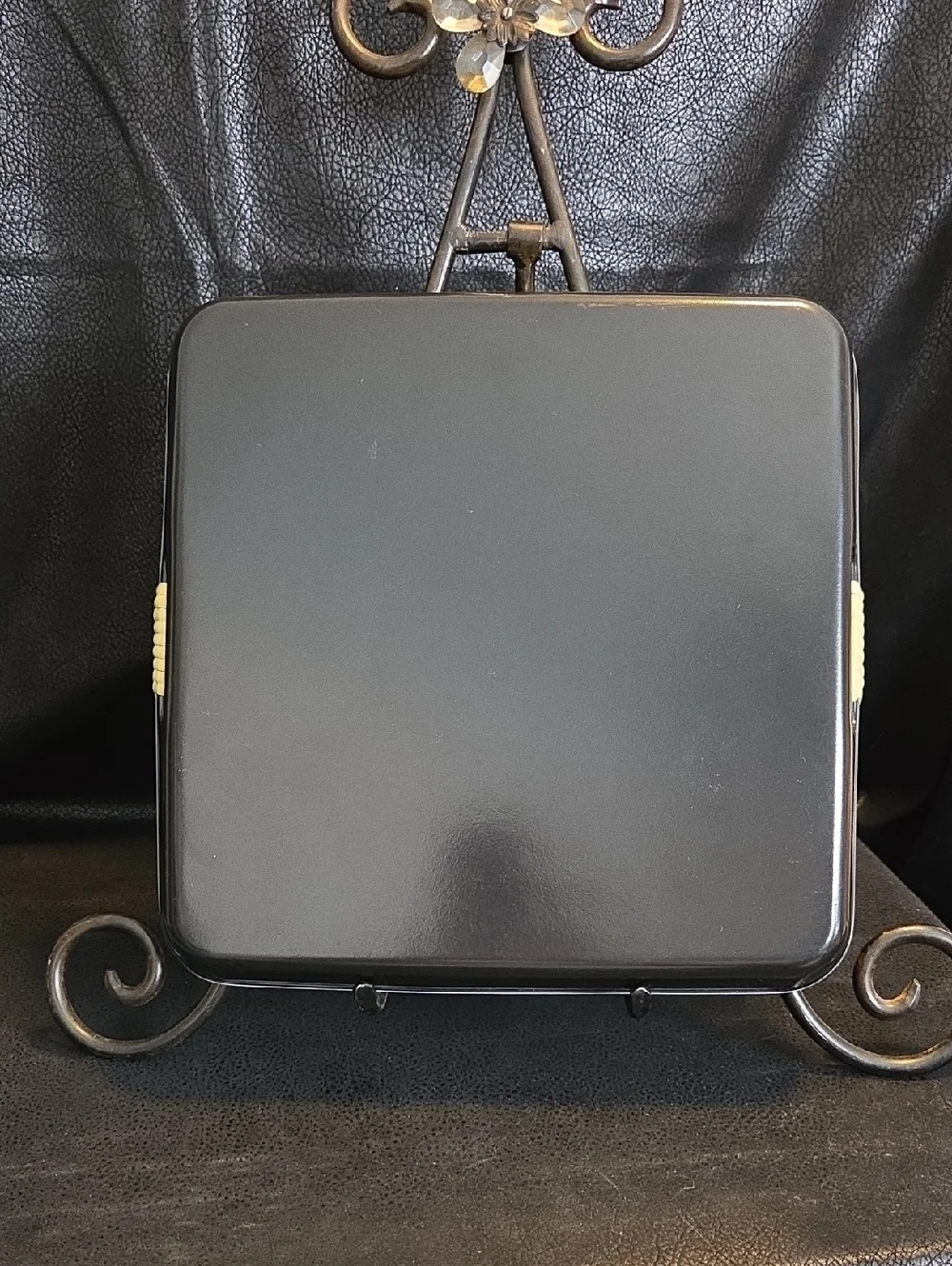 VintageToyo Black Lacquered Floral Serving Trays with Gold Trim